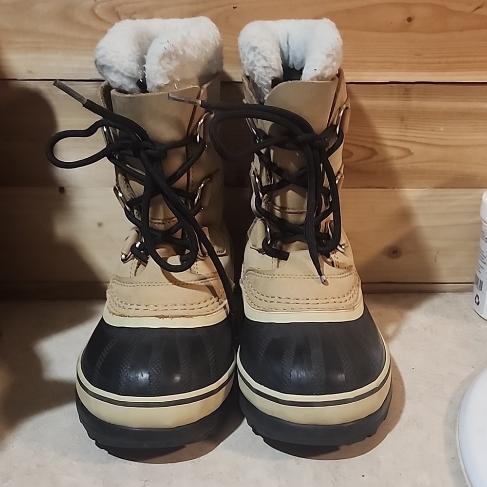 Sorel Caribou Tan Brown Leather Waterproof Insulated Snow Boots Winter Size 2
